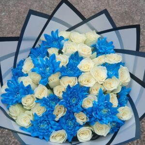 BLUE CHRYSANTHEMUMS & WHITE ROSES
